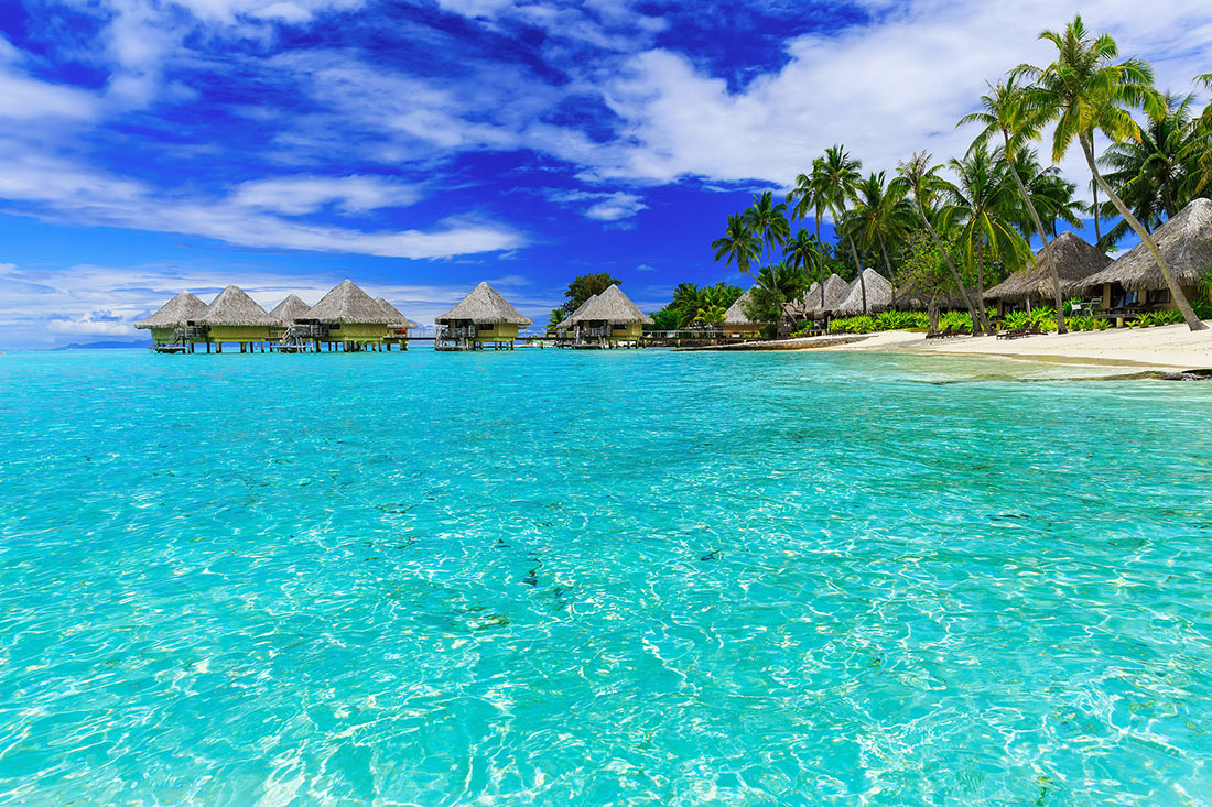 Luxury overwater bungalows in the lagoon