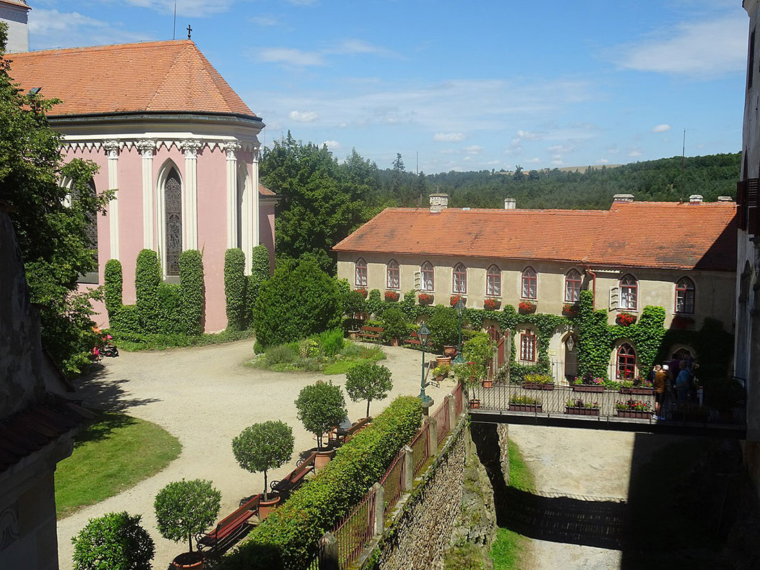 Yard of the Bitov Castle with a bridge over a moat